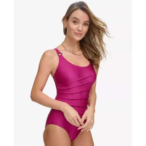 Calvin Klein One-Piece Swimsuit Berry Starburst Pleats Swimwear Slim Waist 6 - Picture 3 of 4